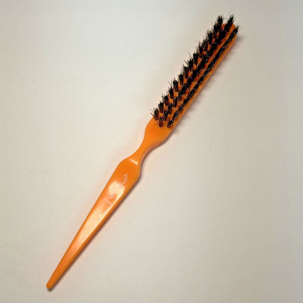 Vtg Brush Strokes Styling Hair Brush Orange Thumb Rest Rat Tail Stiff Bristles